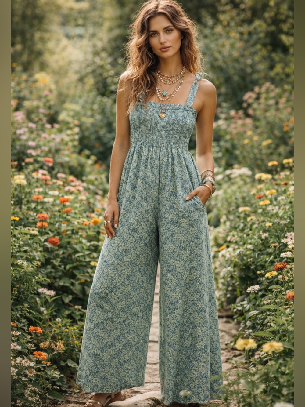 NLT Boho Smocked Wide-Leg Jumpsuit in Sage Floral with Pockets
